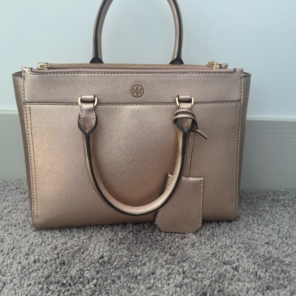 Tory Burch Small Robinson Double-Zip Metallic Leather Tote
